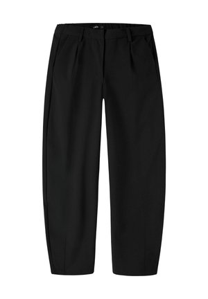 Pantalon noir sur mesure avec taille mi-haute, passants de ceinture, poches latérales et coupe droite, présenté sur fond blanc.