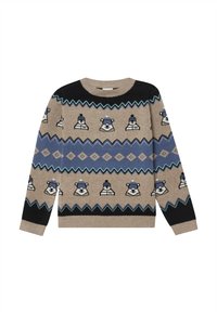 Beżowy sweter z golfem z zabawnym wzorem niedźwiedzi i pingwinów. Wzór obejmuje niebieskie i czarne zygzaki oraz diamentowe akcenty.