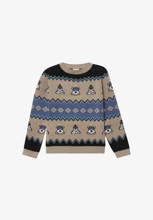 Bež pulover s uzorkom igrivih medvjeda i pingvina. Dizajn uključuje plave i crne cik-cak i dijamantne naglaske.