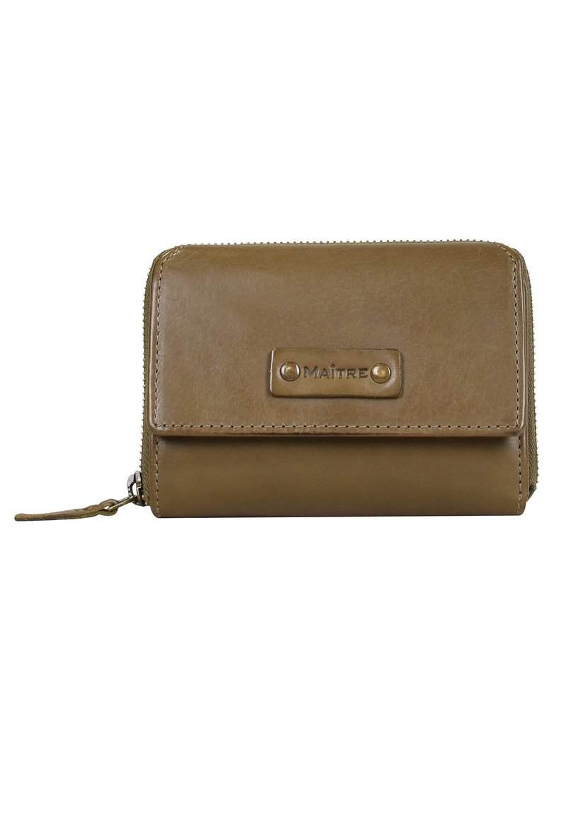 Rjav usnjen denarnica z gladko teksturo, s zadrgo, sprednjim poklopcem in kovinskimi detajli z vtisnjenim imenom blagovne znamke.