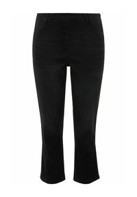 Vaqueros capri de mezclilla negra con cintura ajustada, sutiles bolsillos frontales y corte recto. Textura suave con un detalle de lavado mínimo.