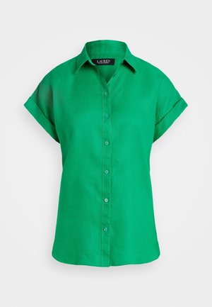 Zielona koszula na krótki rękaw z guzikami, kołnierzykiem i podwiniętymi mankietami, oznaczona marką Lauren Ralph Lauren.