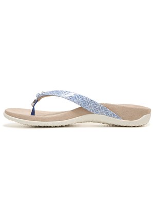 Blue and white patterned flip-flop sandal with a beige cushioned footbed, textured sole, and a narrow strap featuring metallic detail.