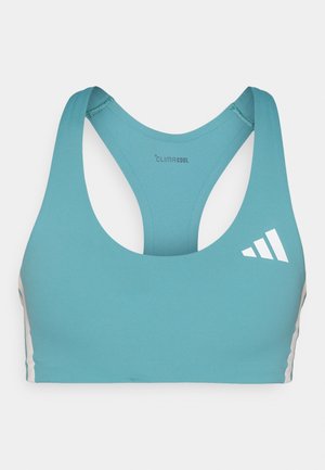 Soutien-gorge de sport bleu aqua avec un design dos nageur, fabriqué en tissu lisse. Présente la marque ClimaCool et des détails en blanc sur les côtés.