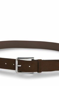 Brown suede belt with a silver metal buckle. Features a smooth texture and multiple adjustment holes for size versatility.