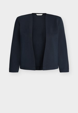 Blazer bleu marine à ouverture devant, manches longues, tissu texturé et ourlet droit, présenté sur un fond blanc.