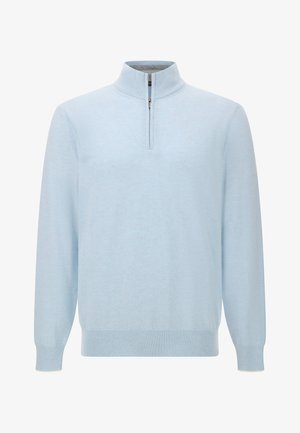Lichtblauwe trui met een ritssluiting bij de kraag. Gemaakt van zacht materiaal, voorzien van lange mouwen en geribbelde manchetten en zoom.
