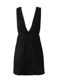 Zwarte denimjurk met een diepe V-hals en mouwloos ontwerp. Heeft een nauwsluitende taille en een licht uitlopende rok. Gladde textuur, minimale detailing.