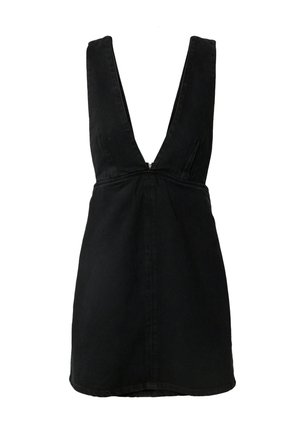 Schwarzes Denimkleid mit tiefem V-Ausschnitt und ärmellosem Design. Hat eine taillierte Passform und einen leicht ausgestellten Rock. Glatte Textur, minimale Details.