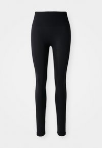 Leggings neri a vita alta senza cuciture con una silhouette aderente su uno sfondo bianco.