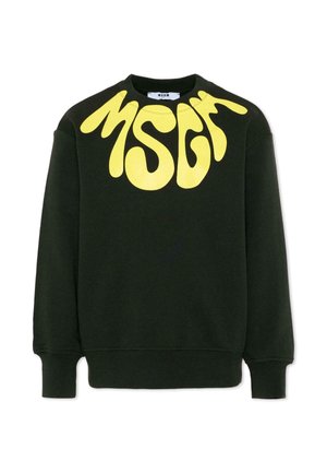 Czarna bluza z okrągłym dekoltem z przodu na wysokości klatki piersiowej i ramion dużymi abstrakcyjnymi żółtymi literami tworzącymi napis "MSGM".