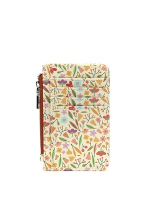 Small beige wallet with multicolored floral pattern, front card slots, and a brown zippered side pocket, standing upright on white background.