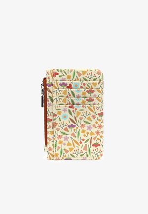 Small beige wallet with multicolored floral pattern, front card slots, and a brown zippered side pocket, standing upright on white background.