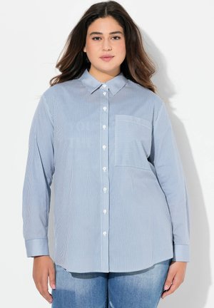 Camisa de manga larga a rayas azul y blanca con cuello, bolsillo frontal, cierre de botones y corte relajado. Tejido suave con textura lisa.