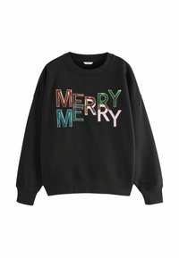 Fekete pulóver, amelyen a "MERRY" felirat mult színű, flitteres betűkkel szerepel. Kerek nyakú, hosszú ujjú, bordás mandzsettákkal.