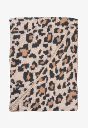 Knit blanket featuring a beige base with a leopard print pattern in black and brown, finished with a decorative stitching along the edges.