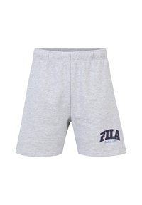 Pantalones cortos de algodón gris con cintura elástica, que presentan un logo de Fila en navy y azul claro en el lado izquierdo. Ajuste casual, con longitud por encima de la rodilla.