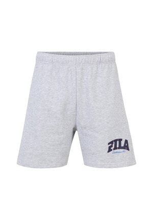 Grå bomuldsbukser med elastisk talje, prydet med et marineblåt og lyseblåt Fila-logo på venstre side. Casual pasform, længde over knæene.