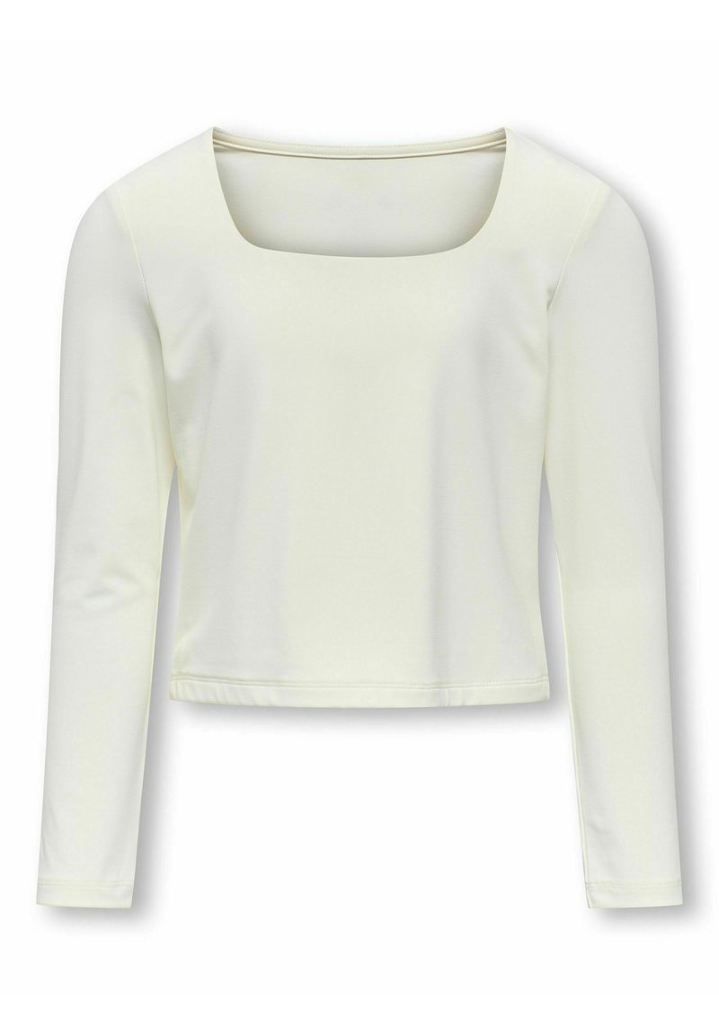 Maglietta a maniche lunghe color avorio chiaro con scollatura quadrata, realizzata in tessuto morbido; design cropped con silhouette attillata e orli rifiniti.