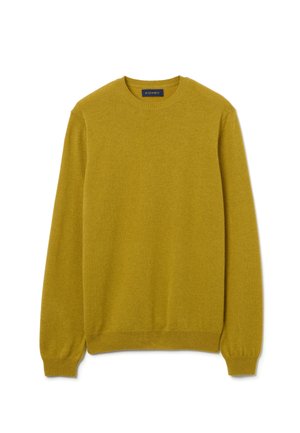 Maglione giallo senape realizzato in morbido tessuto, con colletto a giro, maniche lunghe, polsini e orlo a coste, con una texture semplice e liscia.