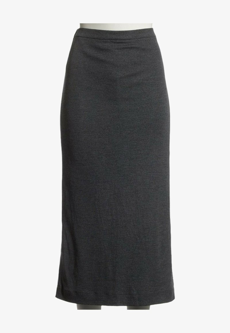 Jupe droite gris foncé longueur genou avec une texture lisse et une taille ajustée.