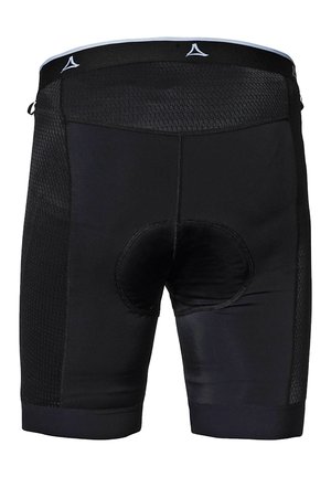 Schwarze Radshorts mit gepolstertem Sitz und strukturierten Seitenteilen. Verfügt über einen elastischen Bund und glattes Material für hohen Tragekomfort.