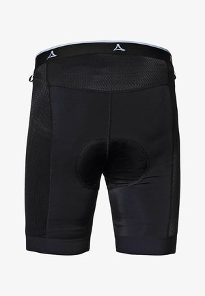 Schwarze Radshorts mit gepolstertem Sitz und strukturierten Seitenteilen. Verfügt über einen elastischen Bund und glattes Material für hohen Tragekomfort.