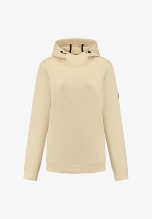 Beige hoodie met een hoge kraag en verstelbaar trekkoord. Heeft een subtiele reliëf berglogo op de voorkant en ribgebreide manchetten.