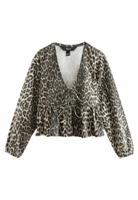 Bluse im Leopardenmuster mit tiefem V-Ausschnitt, langen Ärmeln und einem Peplum-Saum. Hergestellt aus weichem Stoff mit einer Bindeschleife vorne.