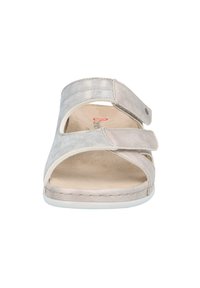 Gray sandal with two adjustable Velcro straps, textured fabric, and a cushioned footbed. Rounded toe and flat white rubber sole.