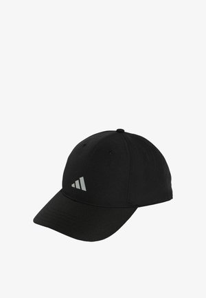 Black baseball cap made of fabric; features a curved brim and three white stripes logo on the front-left side. Soft texture.