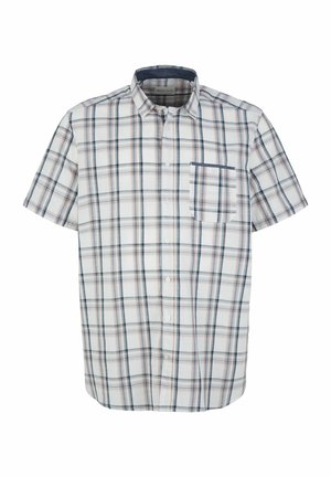 Chemise à manches courtes avec boutons, motif à carreaux blanc, bleu et orange, avec une poche poitrine avant bordée de bleu.