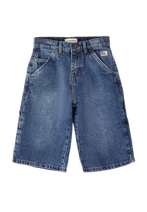 Pantaloncini in denim blu fino al ginocchio con tasche frontali, passanti per cintura, chiusura con bottoni e piccola etichetta del marchio Roy Rogers sul lato destro.