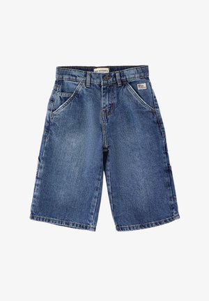 Pantaloncini in denim blu fino al ginocchio con tasche frontali, passanti per cintura, chiusura con bottoni e piccola etichetta del marchio Roy Rogers sul lato destro.