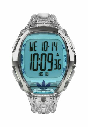 Digitálne hodinky s priehľadným remienkom a modrým ciferníkom, na ktorom sú zobrazené údaje "10:09:36", dátum "ST 10-14" a logo Adidas na spodnej strane.