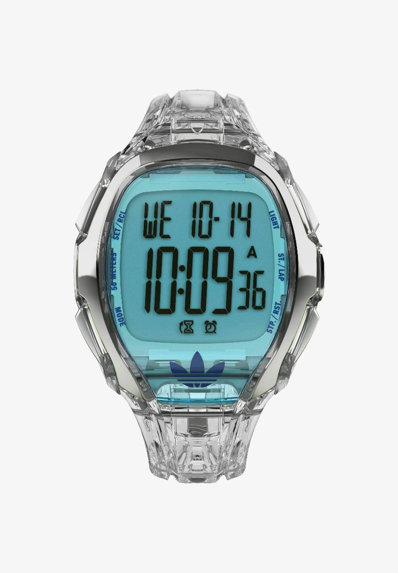 Digitálne hodinky s priehľadným remienkom a modrým ciferníkom, na ktorom sú zobrazené údaje "10:09:36", dátum "ST 10-14" a logo Adidas na spodnej strane.