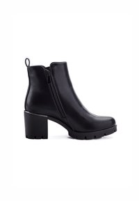 Botas de tobillo negras de cuero suave con cremallera lateral, tacón cuadrado y suela texturada para mayor agarre. Asa en la parte trasera para facilitar su uso.