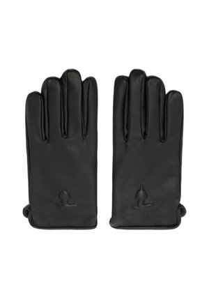 Czarne skórzane rękawiczki o gładkiej fakturze, z przeszyciami i małym, wytłoczonym logo na nadgarstku. Pięciopalczasty krój.