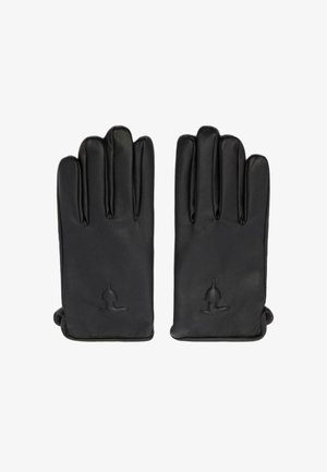 Guanti in pelle nera con una texture liscia, caratterizzati da dettagli cuciti e un piccolo logo in rilievo sull'area del polso. Design a cinque dita.