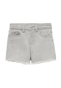 Harmaat farkkushortsit, joissa on raaka helma, kaksi etutaskua ja napitus. Tasainen pinta, istuva muotoilu, monikäyttöisiä rentoon pukeutumiseen.