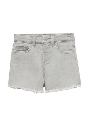 Shorts en denim gris avec un ourlet brut, deux poches avant et une fermeture à boutons. Texture lisse, design ajusté, polyvalent pour un usage décontracté.