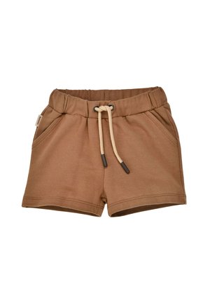 Braune Baumwollshorts mit elastischem Bund, beiger Kordel und Seitentaschen.
