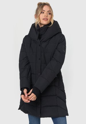 Black padded coat with a large detachable hood, featuring button closure, vertical quilted texture, and cuffed sleeves.