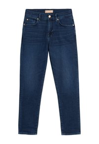 Donkerblauwe denim jeans met een reguliere pasvorm, met een soepele textuur, vijf zakken en goudkleurige hardware aan de taille en zakken.