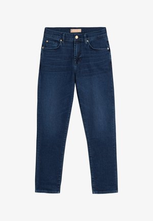 Donkerblauwe denim jeans met een reguliere pasvorm, met een soepele textuur, vijf zakken en goudkleurige hardware aan de taille en zakken.