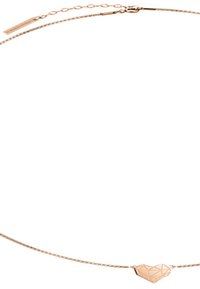 Collana in oro rosa con pendente a forma di cuore geometrico, texture intricata e delicata catena con lunghezza regolabile.