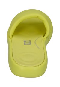 Yellow slip-on sandal with a rounded open design, textured footbed, and smooth surface. Features cushioned interior for comfort.