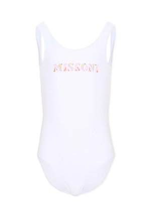 Costume intero bianco senza maniche con logo colorato "MISSONI" al centro del petto su sfondo semplice.