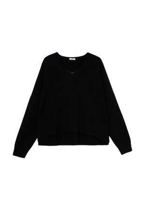 Black, knitted pullover sweater with a V-neck, long sleeves, and a cropped hem. Features a soft texture and minimalistic design.