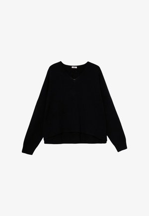 Black, knitted pullover sweater with a V-neck, long sleeves, and a cropped hem. Features a soft texture and minimalistic design.